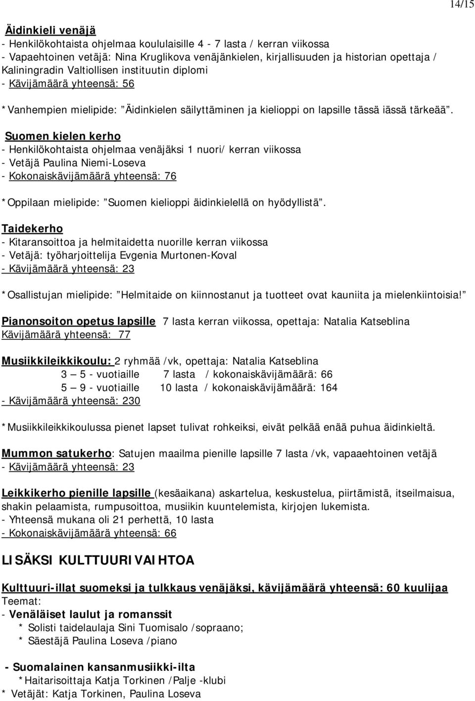 Suomen kielen kerho - Henkilökohtaista ohjelmaa venäjäksi 1 nuori/ kerran viikossa - Vetäjä Paulina Niemi-Loseva - Kokonaiskävijämäärä yhteensä: 76 *Oppilaan mielipide: Suomen kielioppi äidinkielellä