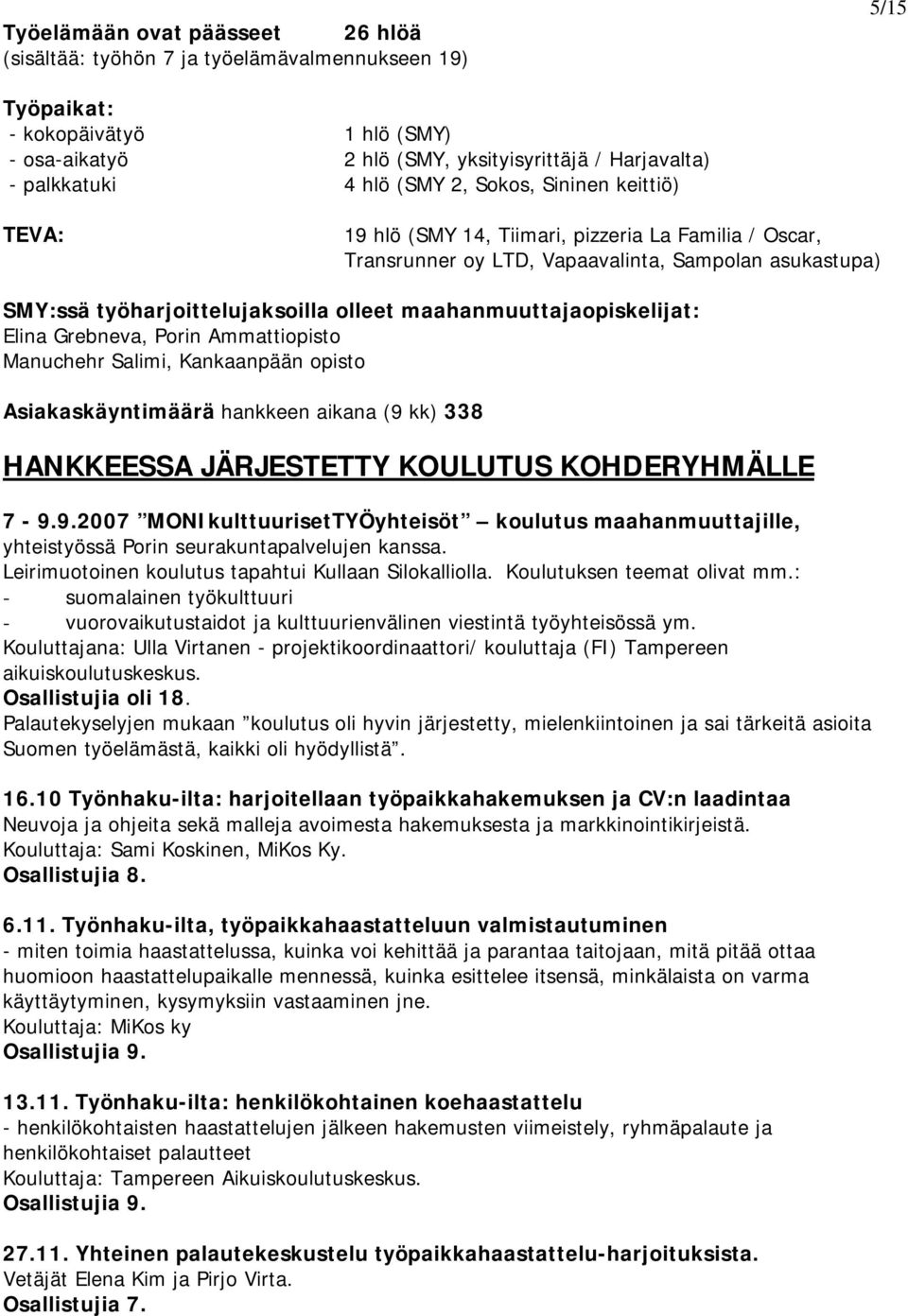 maahanmuuttajaopiskelijat: Elina Grebneva, Porin Ammattiopisto Manuchehr Salimi, Kankaanpään opisto Asiakaskäyntimäärä hankkeen aikana (9 