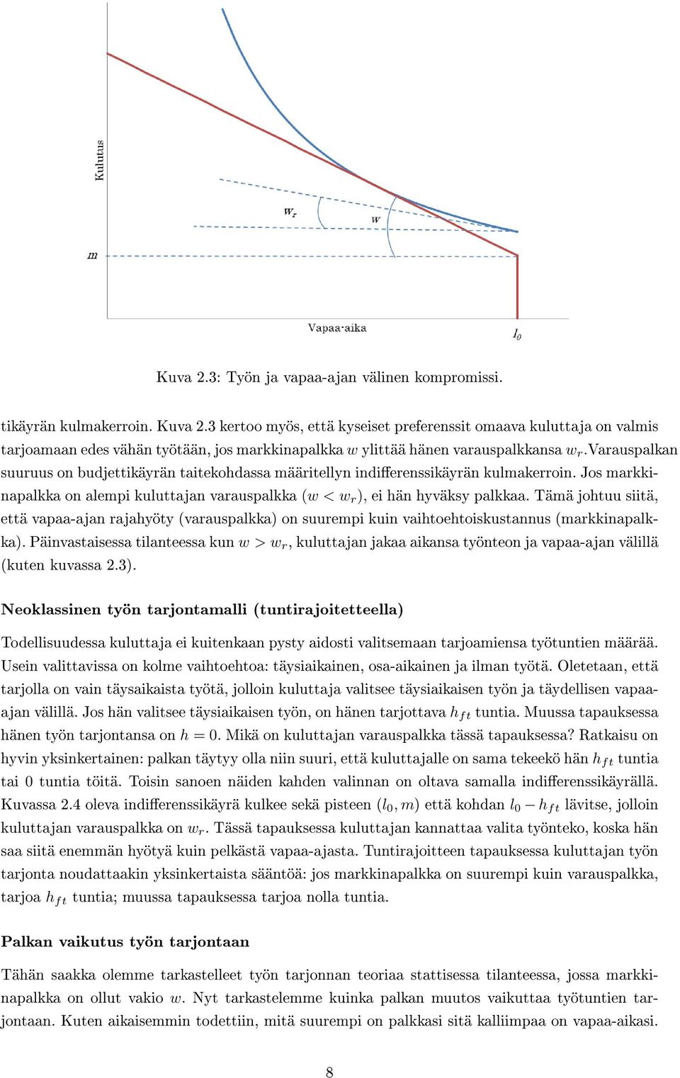 varauspalkan suuruus on budjettikäyrän taitekohdassa määritellyn indierenssikäyrän kulmakerroin. Jos markkinapalkka on alempi kuluttajan varauspalkka (w < w r ), ei hän hyväksy palkkaa.