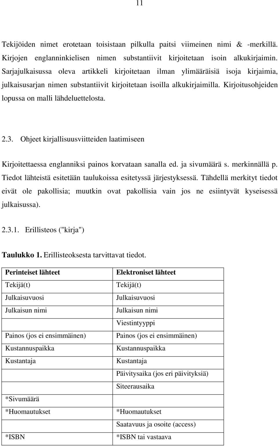 Kirjoitusohjeiden lopussa on malli lähdeluettelosta. 2.3. Ohjeet kirjallisuusviitteiden laatimiseen Kirjoitettaessa englanniksi painos korvataan sanalla ed. ja sivumäärä s. merkinnällä p.