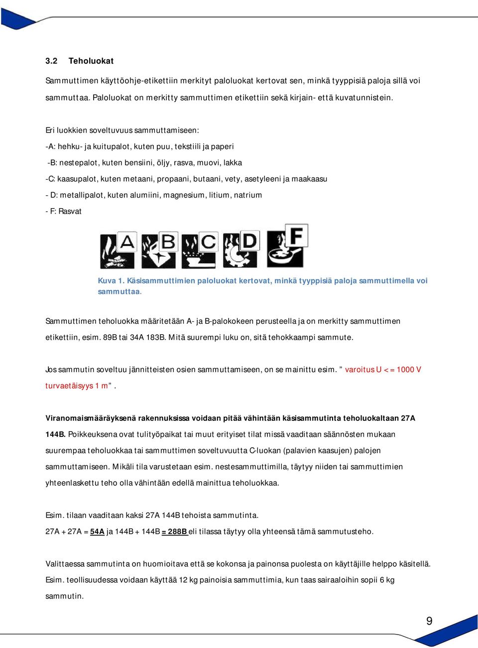 Eri luokkien soveltuvuus sammuttamiseen: -A: hehku- ja kuitupalot, kuten puu, tekstiili ja paperi -B: nestepalot, kuten bensiini, öljy, rasva, muovi, lakka -C: kaasupalot, kuten metaani, propaani,