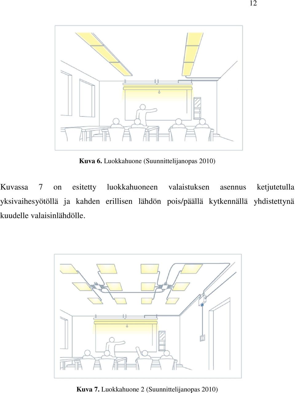 luokkahuoneen valaistuksen asennus ketjutetulla yksivaihesyötöllä ja