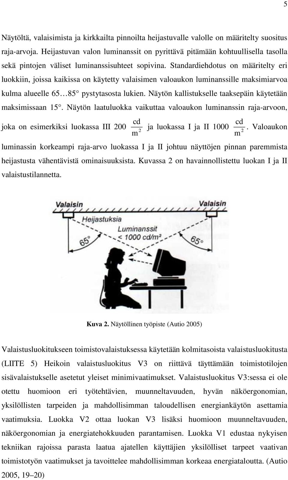 Standardiehdotus on määritelty eri luokkiin, joissa kaikissa on käytetty valaisimen valoaukon luminanssille maksimiarvoa kulma alueelle 65 85 pystytasosta lukien.