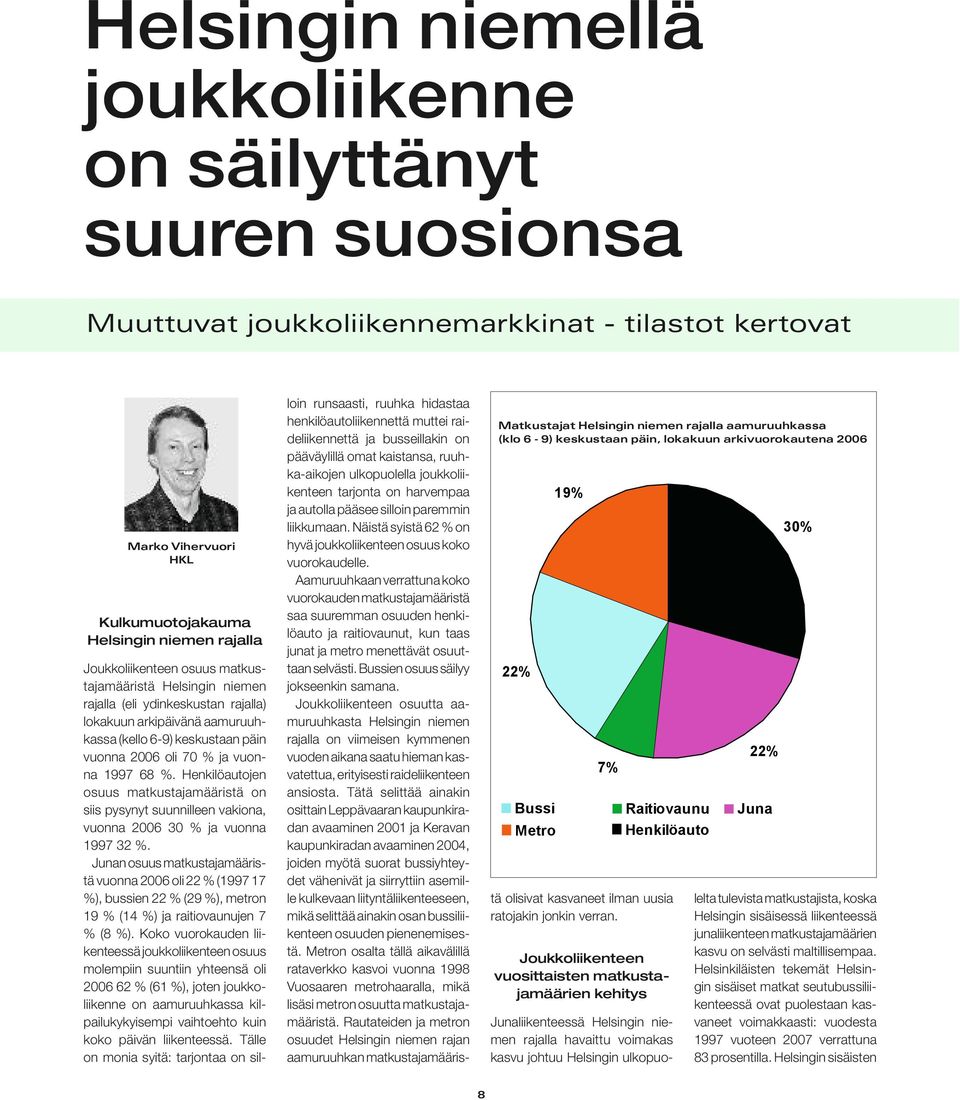 niemen rajalla (eli ydinkeskustan rajalla) lokakuun arkipäivänä aamuruuhkassa (kello 6-9) keskustaan päin vuonna 2006 oli 70 % ja vuonna 1997 68 %.