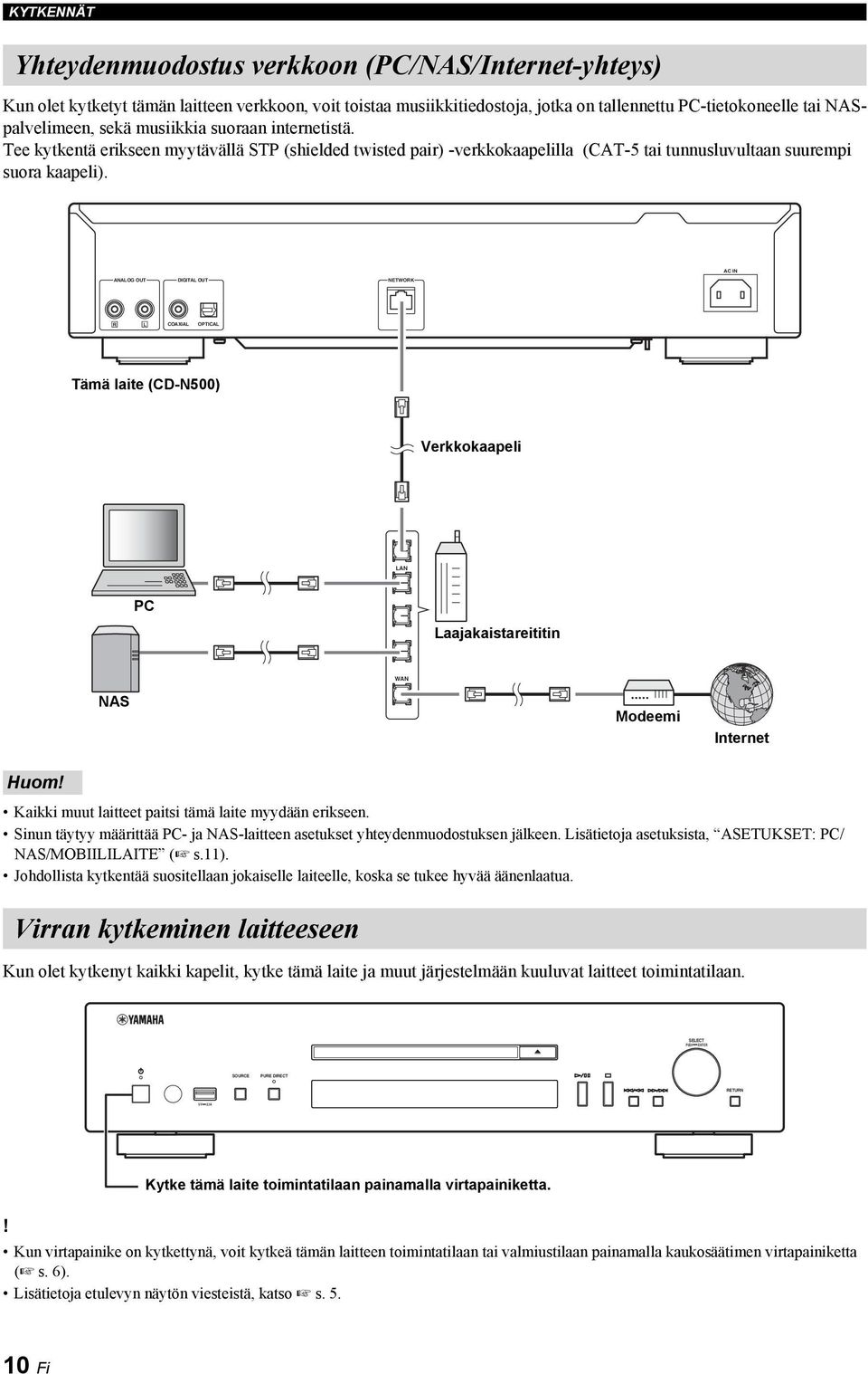 AC IN ANALOG OUT DIGITAL OUT NETWORK R L COAXIAL OPTICAL Tämä laite (CD-N500) Verkkokaapeli LAN PC Laajakaistareititin WAN NAS Modeemi Internet Huom Kaikki muut laitteet paitsi tämä laite myydään