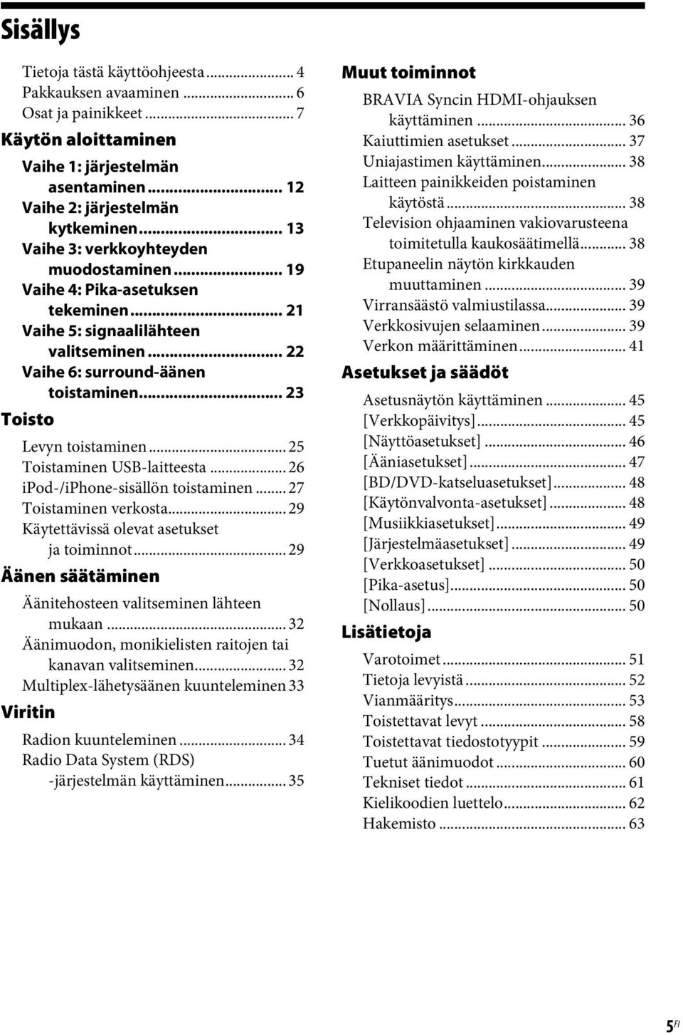 .. 25 Toistaminen USB-laitteesta... 26 ipod-/iphone-sisällön toistaminen... 27 Toistaminen verkosta... 29 Käytettävissä olevat asetukset ja toiminnot.