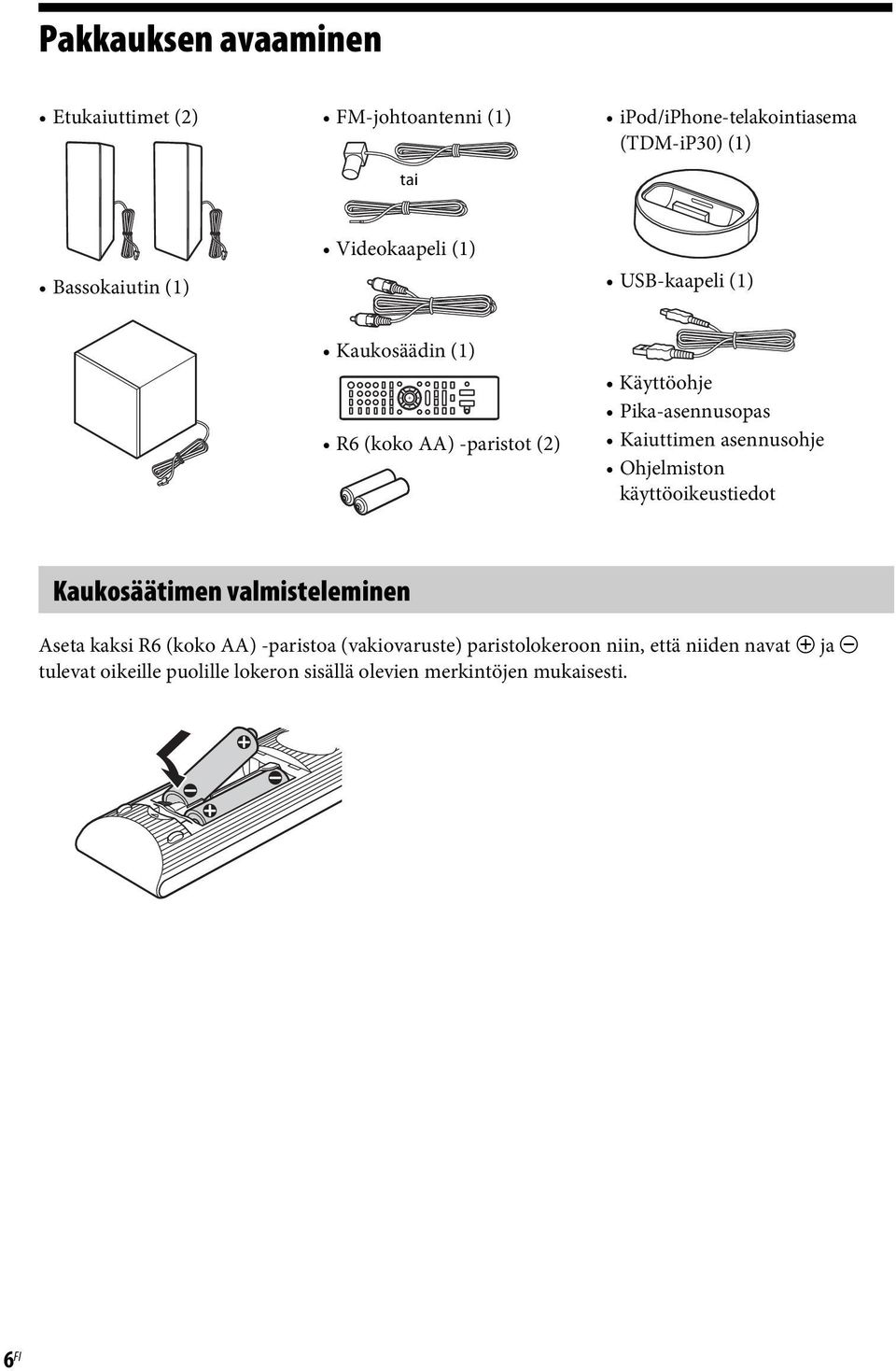 asennusohje Ohjelmiston käyttöoikeustiedot Kaukosäätimen valmisteleminen Aseta kaksi R6 (koko AA) -paristoa