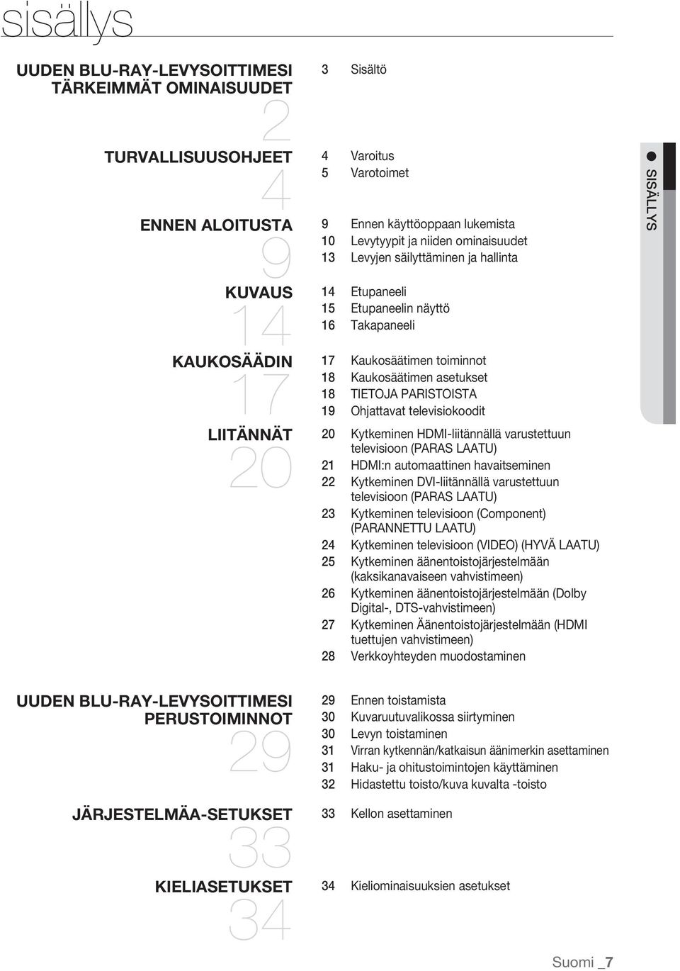 TIETOJA PARISTOISTA 19 Ohjattavat televisiokoodit Kytkeminen HDMI-liitännällä varustettuun televisioon (PARAS LAATU) 21 HDMI:n automaattinen havaitseminen 22 Kytkeminen DVI-liitännällä varustettuun