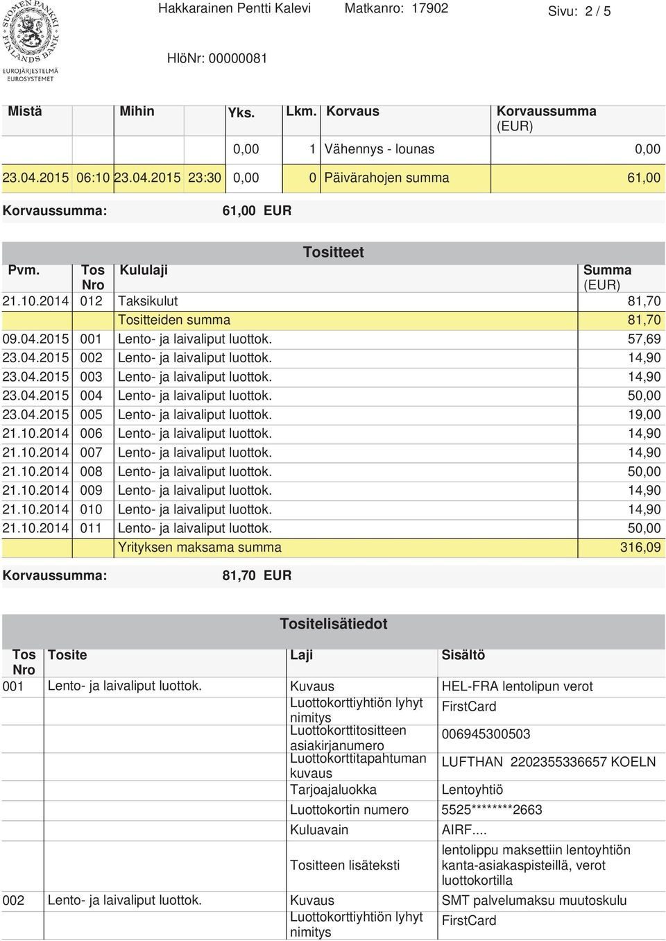 14,90 23.04.2015 004 Lento- ja laivaliput luottok. 50,00 23.04.2015 005 Lento- ja laivaliput luottok. 19,00 21.10.2014 006 Lento- ja laivaliput luottok. 14,90 21.10.2014 007 Lento- ja laivaliput luottok.