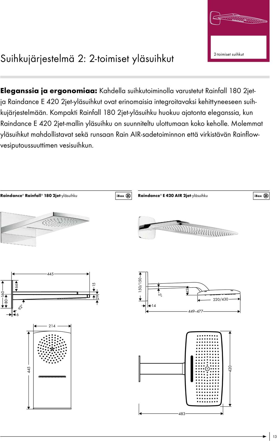 Kompakti Rainfall 180 2jet-yläsuihku huokuu ajatonta eleganssia, kun Raindance E 420 2jet-mallin yläsuihku on suunniteltu ulottumaan koko keholle.