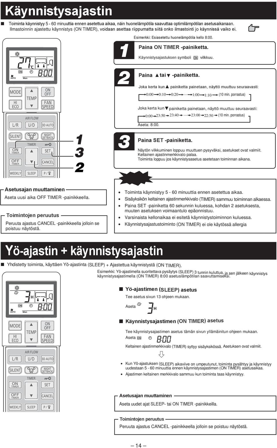 Paina ON TIMER -painiketta. Käynnistysajastuksen symboli vilkkuu. Paina tai -painiketta. Joka kerta kun painiketta painetaan, näyttö muuttuu seuraavasti: 0:00 0:0 0:0... (0 min.