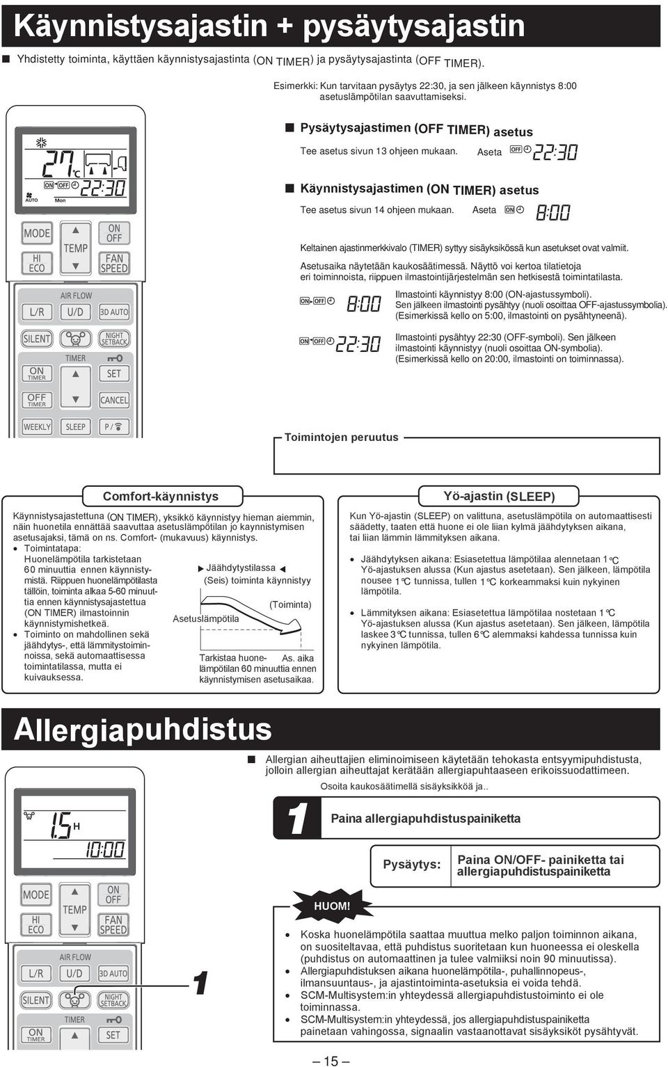 Aseta Käynnistysajastimen (ON TIMER) asetus Tee asetus sivun 4 ohjeen mukaan. Aseta Keltainen ajastinmerkkivalo (TIMER) syttyy sisäyksikössä kun asetukset ovat valmiit.