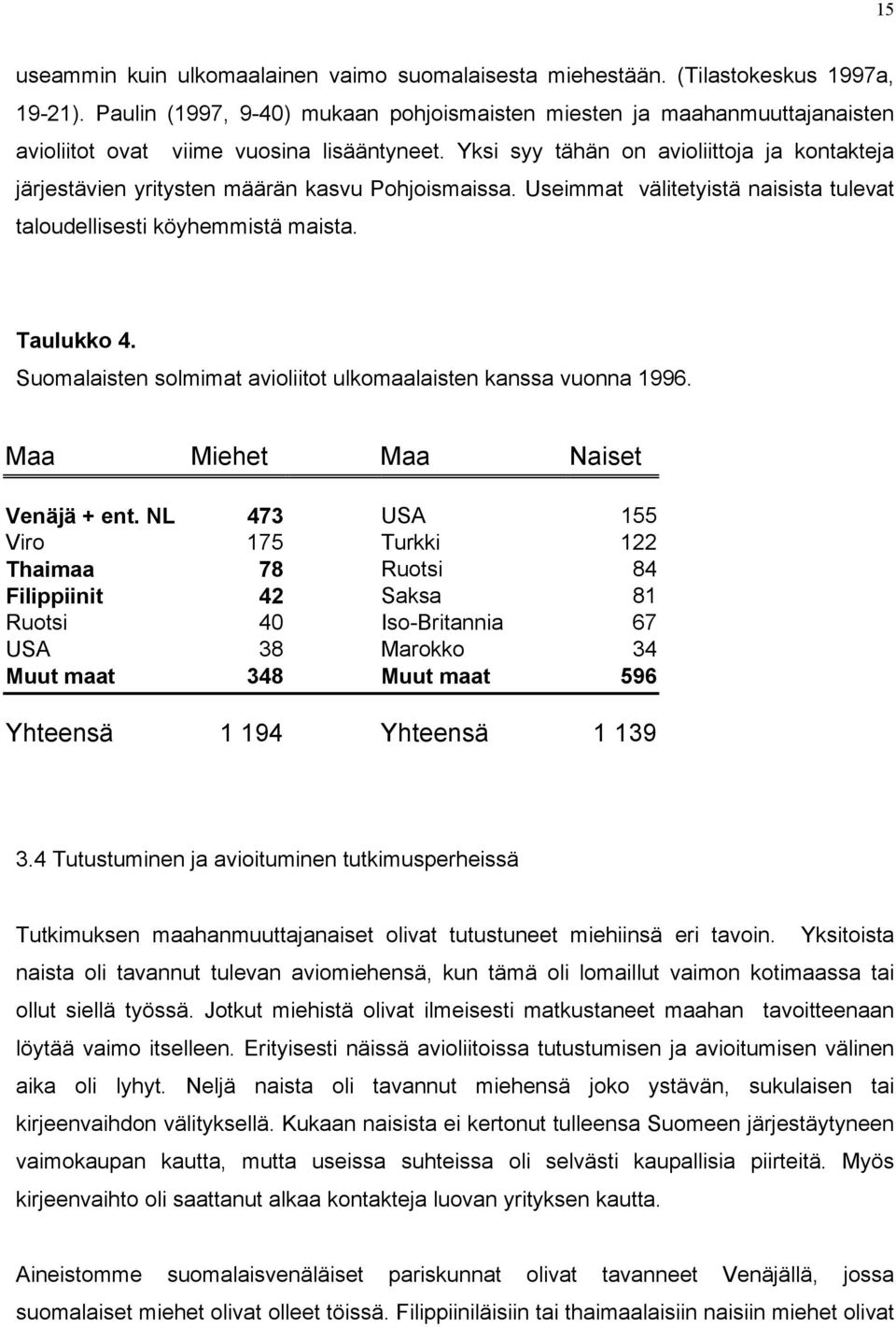 Yksi syy tähän on avioliittoja ja kontakteja järjestävien yritysten määrän kasvu Pohjoismaissa. Useimmat välitetyistä naisista tulevat taloudellisesti köyhemmistä maista. Taulukko 4.