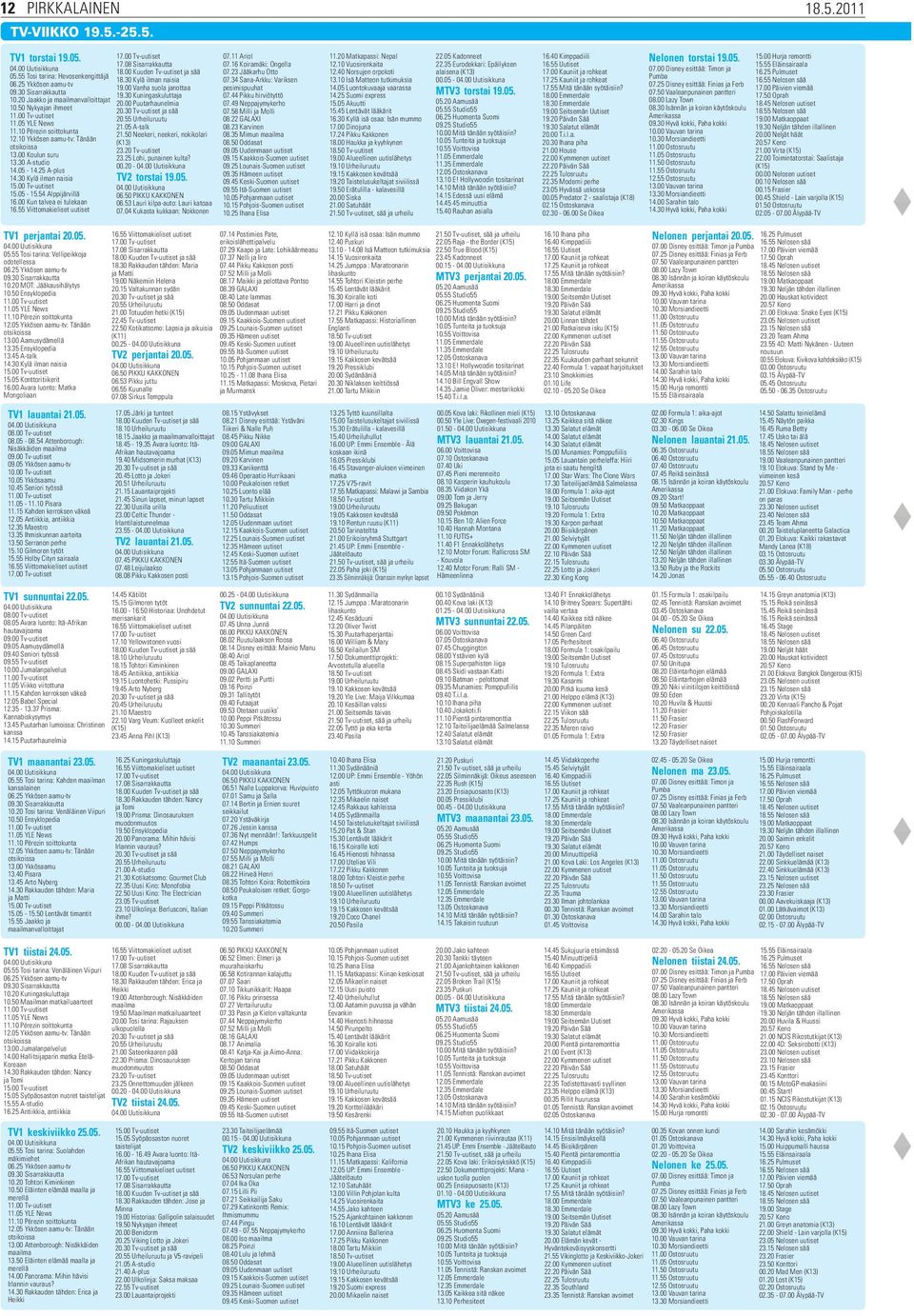 00 Tv-uutiset 20.55 Urheiluruutu 11.05 YLE News 21.05 A-talk 11.10 Pérezin soittokunta 21.50 Neekeri, neekeri, nokikolari 12.10 Ykkösen aamu-tv: Tänään (K13) otsikoissa 23.20 Tv-uutiset 13.