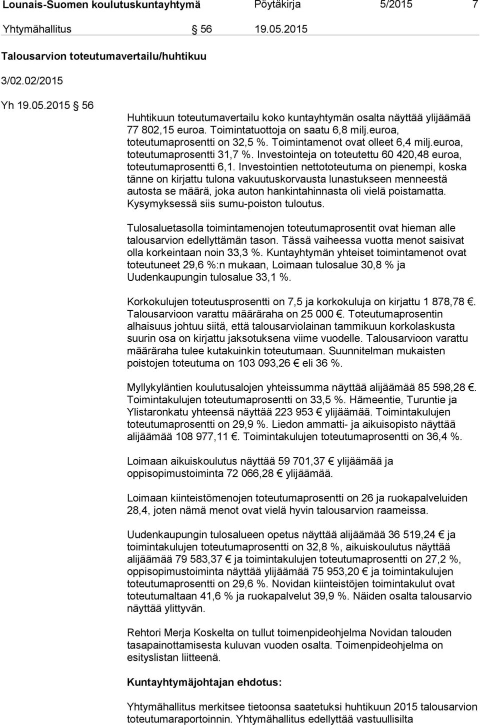 Investointeja on toteutettu 60 420,48 euroa, toteutumaprosentti 6,1.