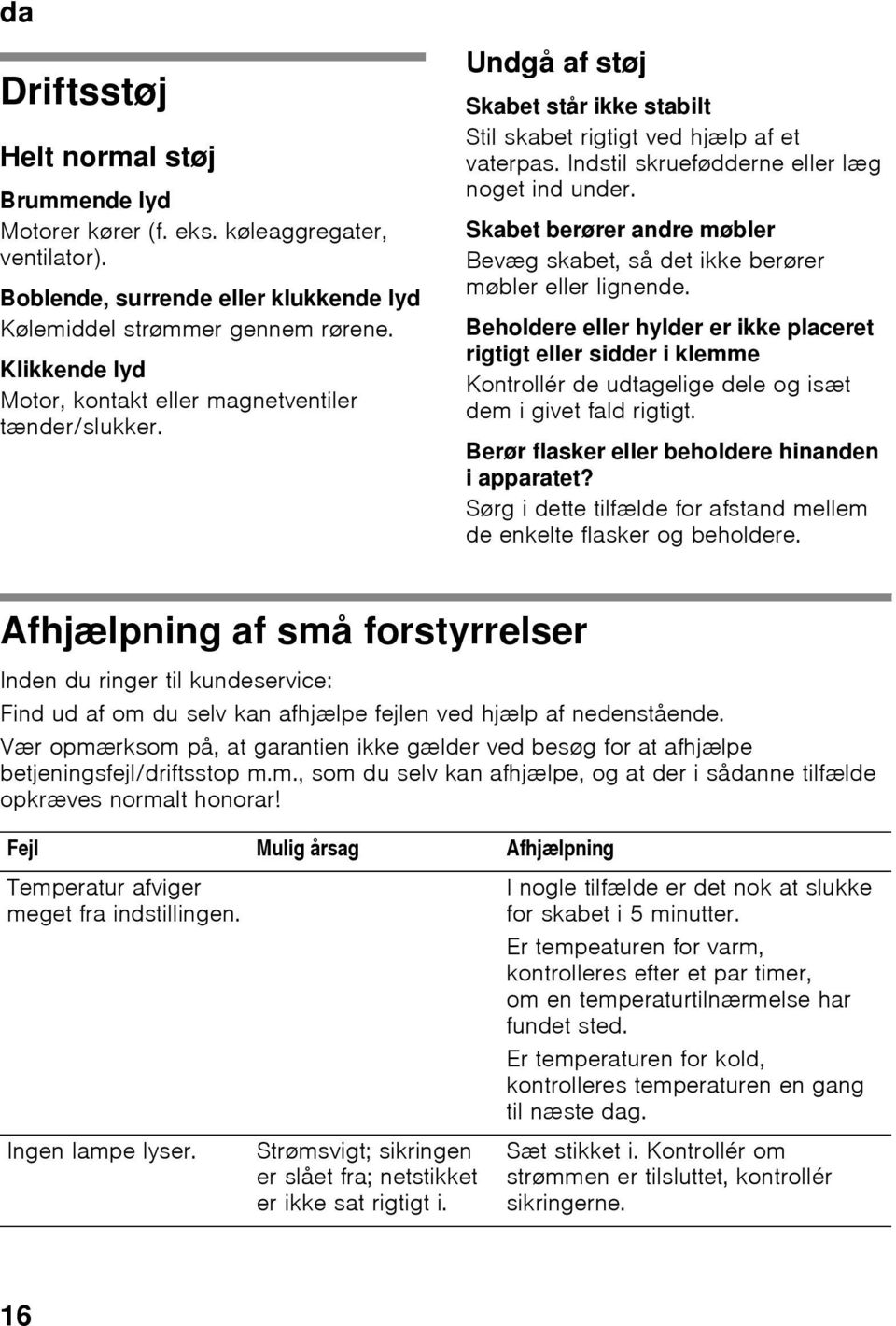 Skabet berører andre møbler Bevæg skabet, så det ikke berører møbler eller lignende.