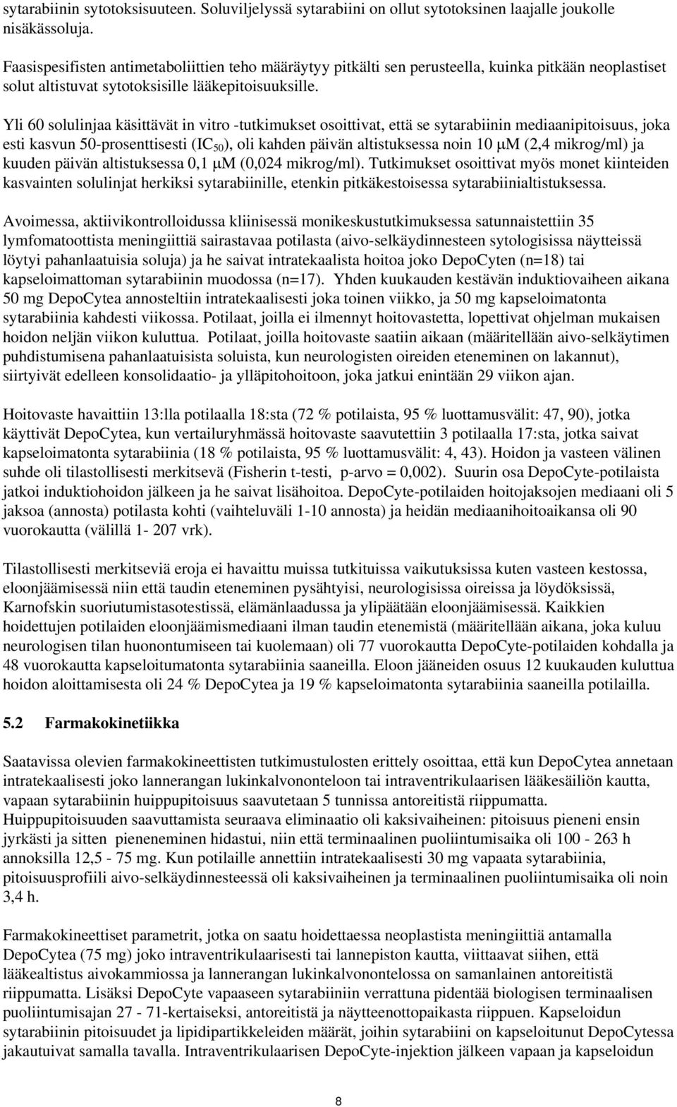 Yli 60 solulinjaa käsittävät in vitro -tutkimukset osoittivat, että se sytarabiinin mediaanipitoisuus, joka esti kasvun 50-prosenttisesti (IC 50 ), oli kahden päivän altistuksessa noin 10 μm (2,4