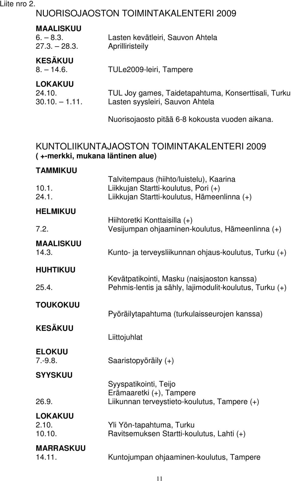 KUNTOLIIKUNTAJAOSTON TOIMINTAKALENTERI 2009 ( +-merkki, mukana läntinen alue) TAMMIKUU Talvitempaus (hiihto/luistelu), Kaarina 10