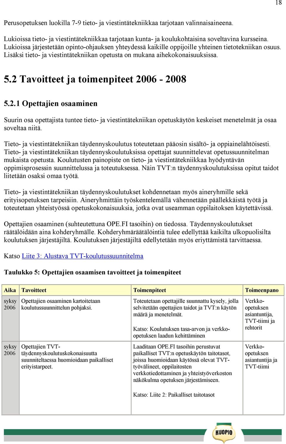 2 Tavoitteet ja toimenpiteet 2006 2008 5.2.1 Opettajien osaaminen Suurin osa opettajista tuntee tieto ja viestintätekniikan opetuskäytön keskeiset menetelmät ja osaa soveltaa niitä.