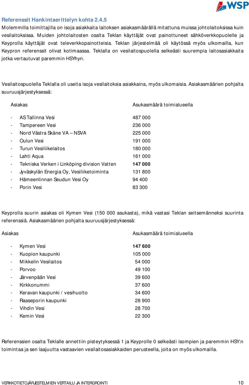 Teklan järjestelmää oli käytössä myös ulkomailla, kun Keypron referenssit olivat kotimaassa. Teklalla on vesilaitospuolella selkeästi suurempia laitosasiakkaita jotka vertautuvat paremmin HSYhyn.