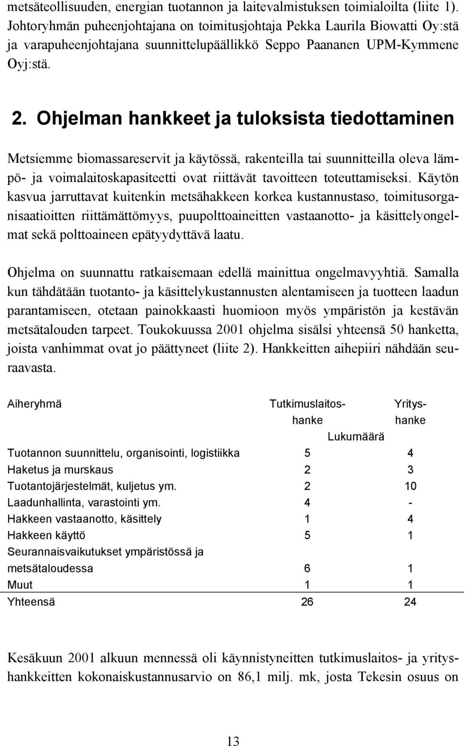 Ohjelman hankkeet ja tuloksista tiedottaminen Metsiemme biomassareservit ja käytössä, rakenteilla tai suunnitteilla oleva lämpö- ja voimalaitoskapasiteetti ovat riittävät tavoitteen toteuttamiseksi.