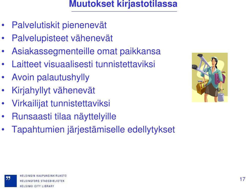 tunnistettaviksi Avoin palautushylly Kirjahyllyt vähenevät Virkailijat