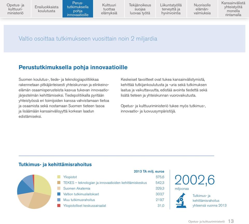 Tiedepolitiikalla pyritään yhteistyössä eri toimijoiden kanssa vahvistamaan tietoa ja osaamista sekä nostamaan Suomen tieteen tasoa ja lisäämään kansainvälisyyttä korkean laadun edistämiseksi.