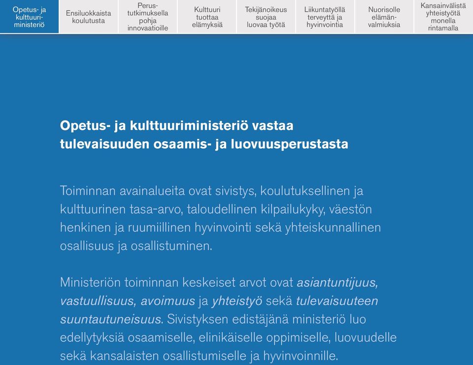 Ministeriön toiminnan keskeiset arvot ovat asiantuntijuus, vastuullisuus, avoimuus ja yhteistyö sekä tulevaisuuteen suuntautuneisuus.