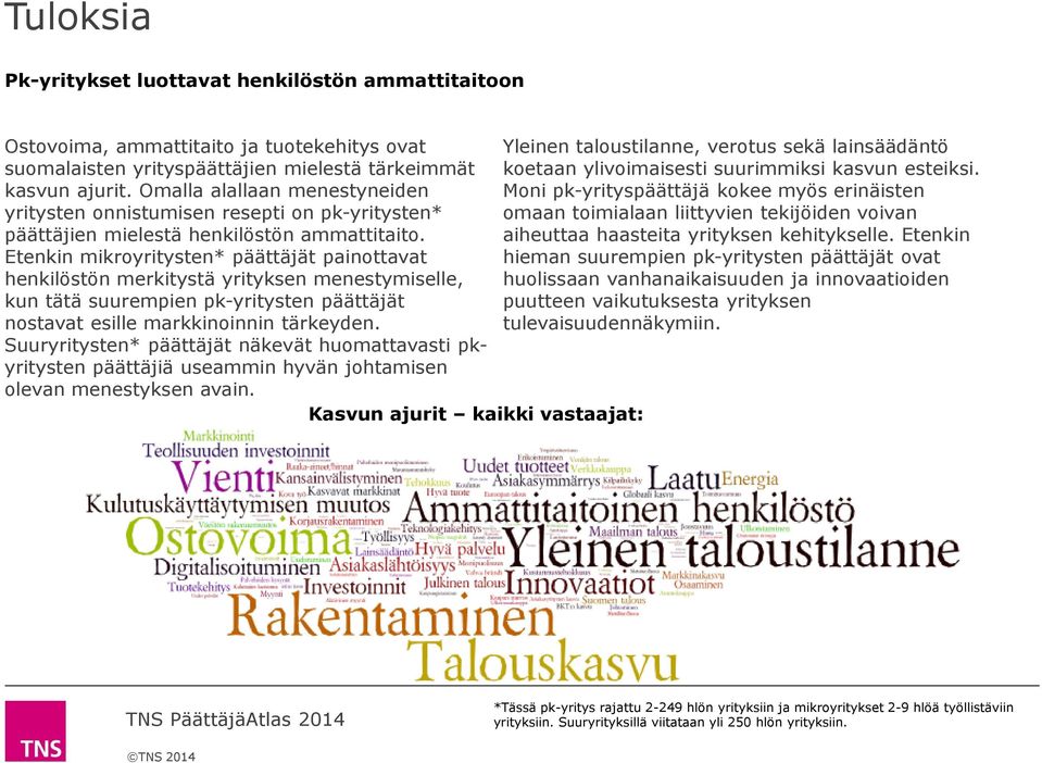 Etenkin mikroyritysten* päättäjät painottavat henkilöstön merkitystä yrityksen menestymiselle, kun tätä suurempien pk-yritysten päättäjät nostavat esille markkinoinnin tärkeyden.