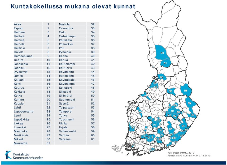 17 Seinäjoki 48 Kokkola 18 Siikajoki 49 Kotka 19 Siilinjärvi 50 Kuhmo 20 Suonenjoki 51 Kuopio 21 Sysmä 52 Lahti 22 Taipalsaari 53 Lappeenranta 23 Tampere 54 Lemi 24 Turku 55 Leppävirta 25 Tuusniemi