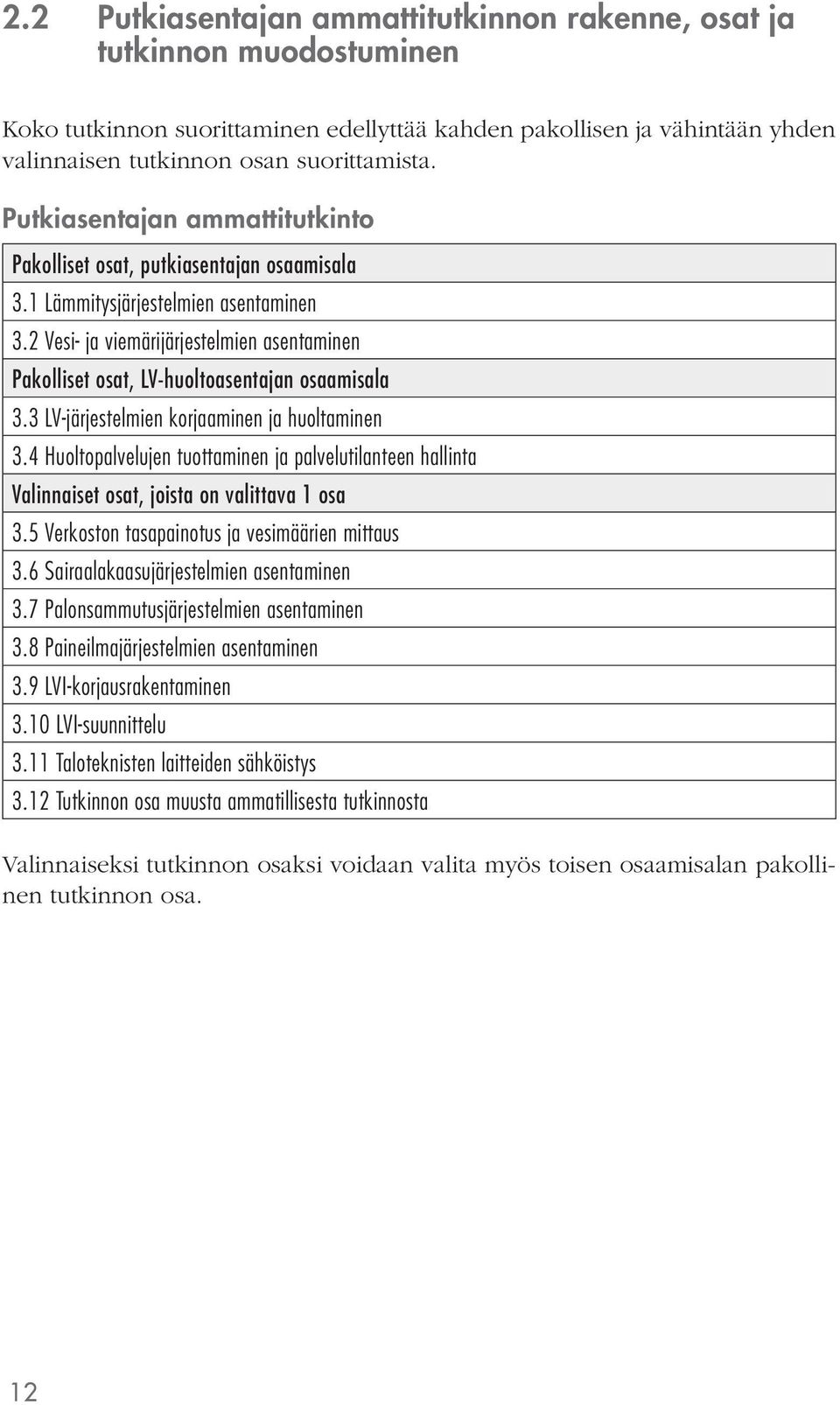 2 Vesi- ja viemärijärjestelmien asentaminen Pakolliset osat, LV-huoltoasentajan osaamisala 3.3 LV-järjestelmien korjaaminen ja huoltaminen 3.