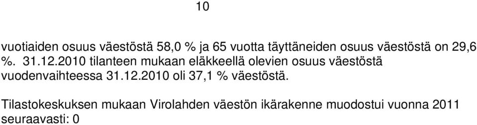 %. Eläkkeellä olevien osuus väestöstä vuodenvaihteessa 31.12.2010 oli 42,9 % väestöstä.