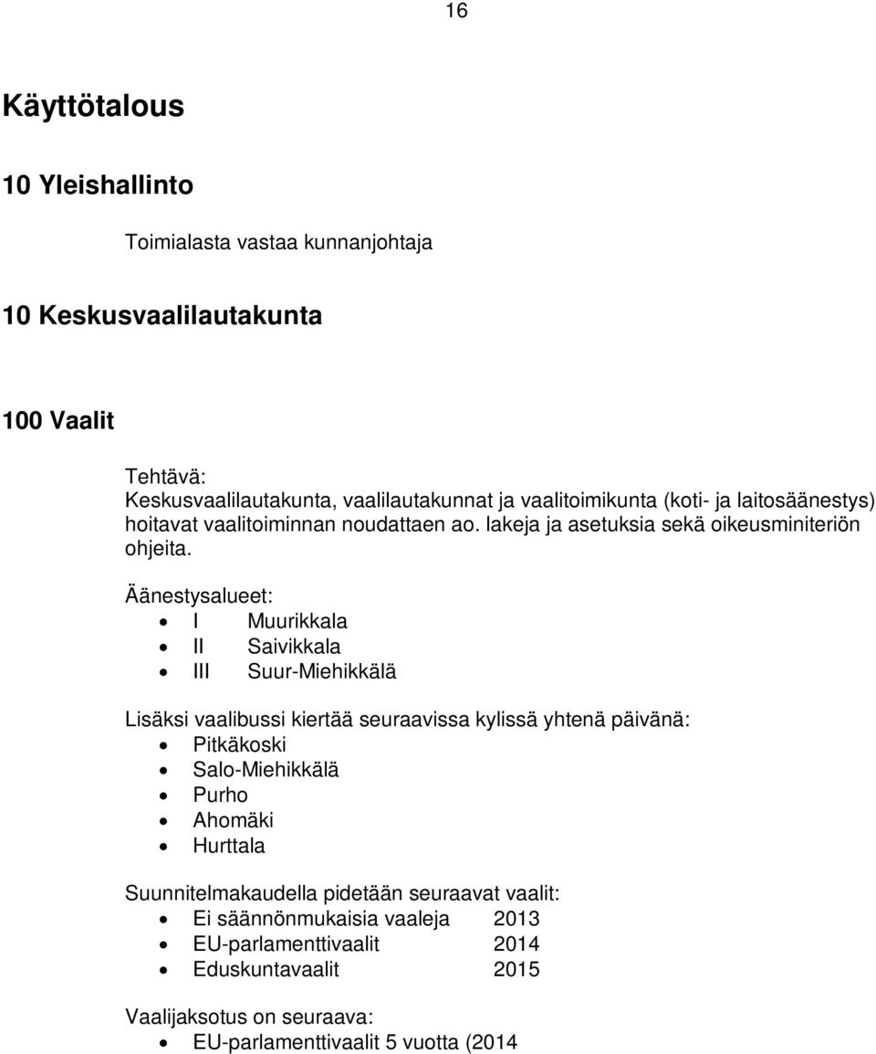 Äänestysalueet: I Muurikkala II Saivikkala III Suur-Miehikkälä Lisäksi vaalibussi kiertää seuraavissa kylissä yhtenä päivänä: Pitkäkoski Salo-Miehikkälä Purho Ahomäki Hurttala