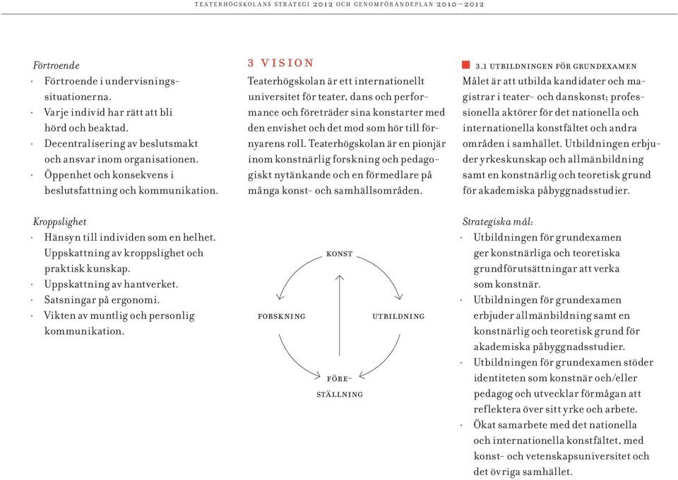 3 vision Teaterhögskolan är ett internationellt universitet för teater, dans och performance och företräder sina konstarter med den envishet och det mod som hör till förnyarens roll.