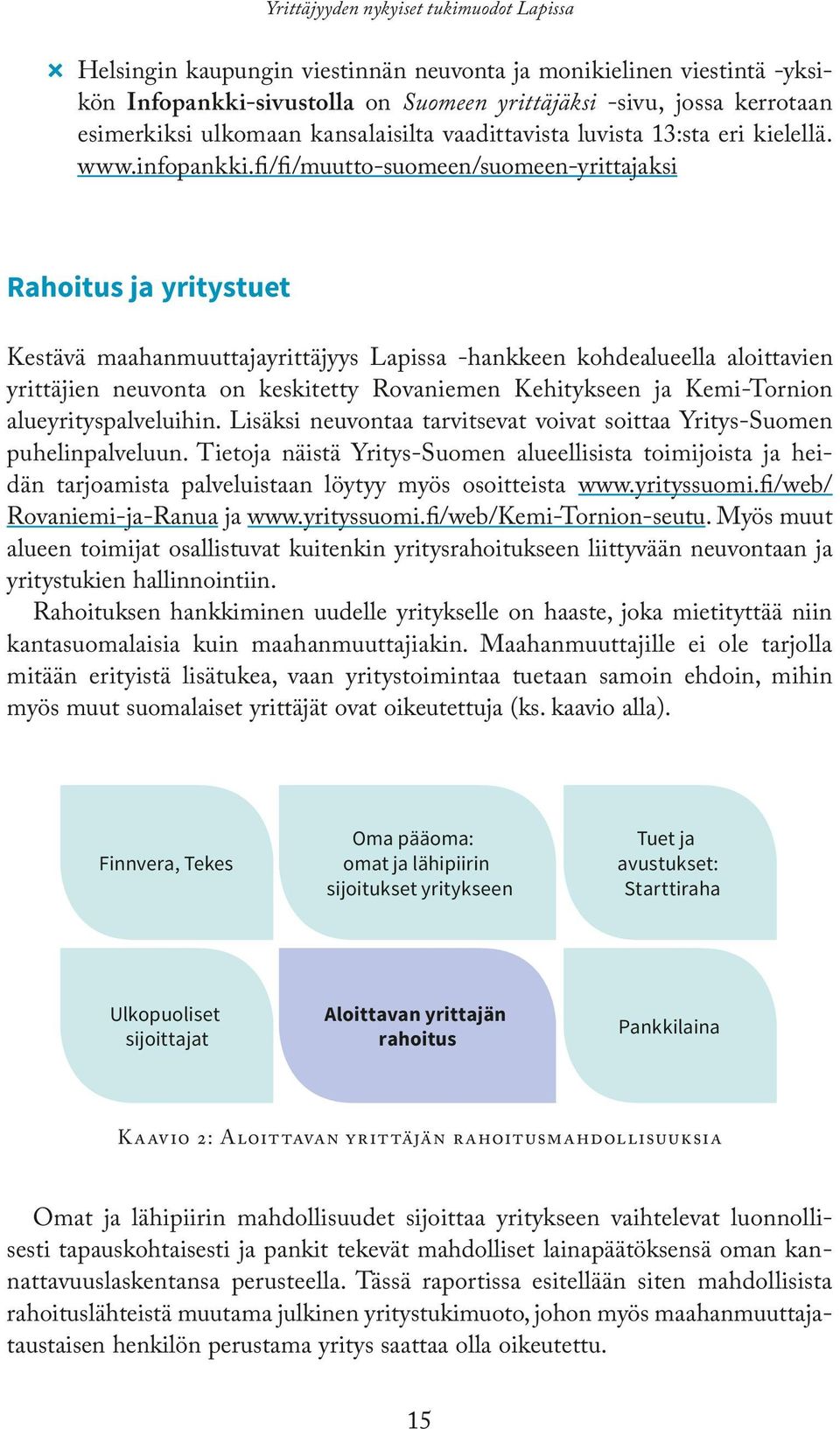 fi/fi/muutto-suomeen/suomeen-yrittajaksi Rahoitus ja yritystuet Kestävä maahanmuuttajayrittäjyys Lapissa -hankkeen kohdealueella aloittavien yrittäjien neuvonta on keskitetty Rovaniemen Kehitykseen