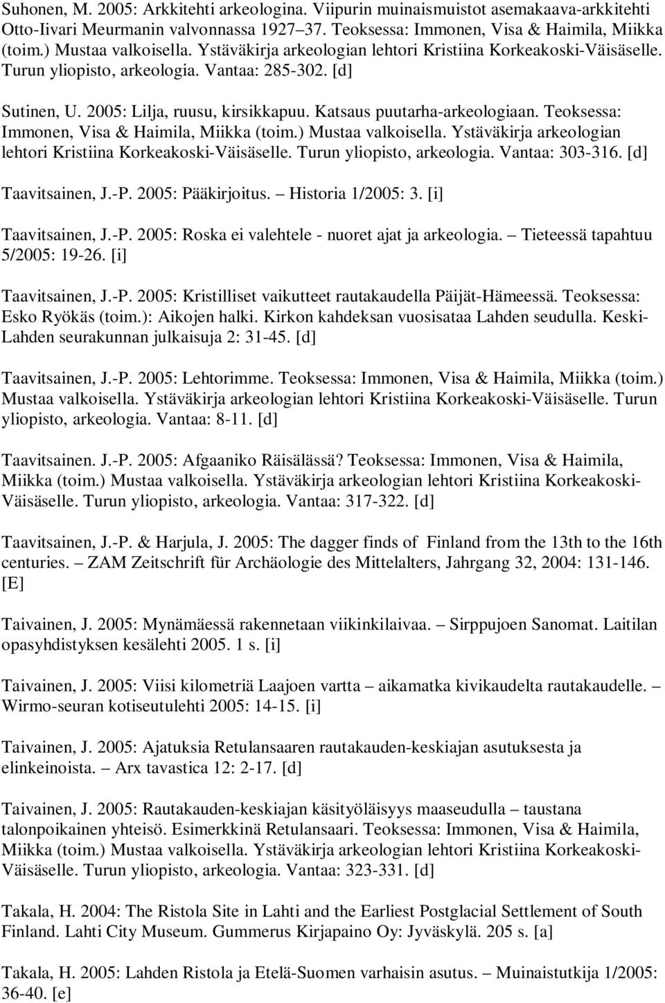 Katsaus puutarha-arkeologiaan. Teoksessa: Immonen, Visa & Haimila, Miikka (toim.) Mustaa valkoisella. Ystäväkirja arkeologian lehtori Kristiina Korkeakoski-Väisäselle. Turun yliopisto, arkeologia.