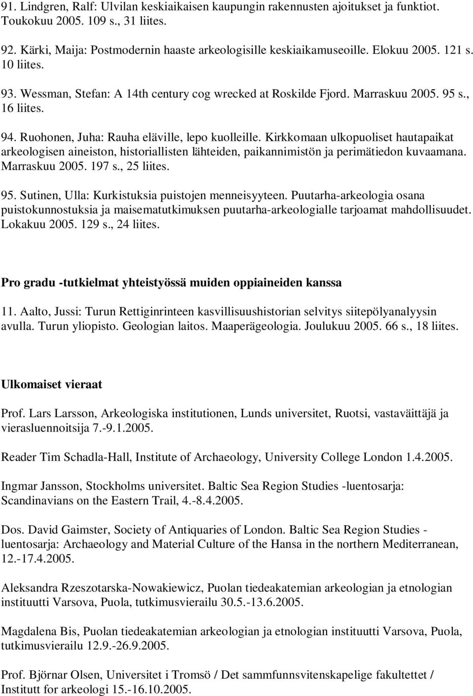 Kirkkomaan ulkopuoliset hautapaikat arkeologisen aineiston, historiallisten lähteiden, paikannimistön ja perimätiedon kuvaamana. Marraskuu 2005. 197 s., 25 liites. 95.