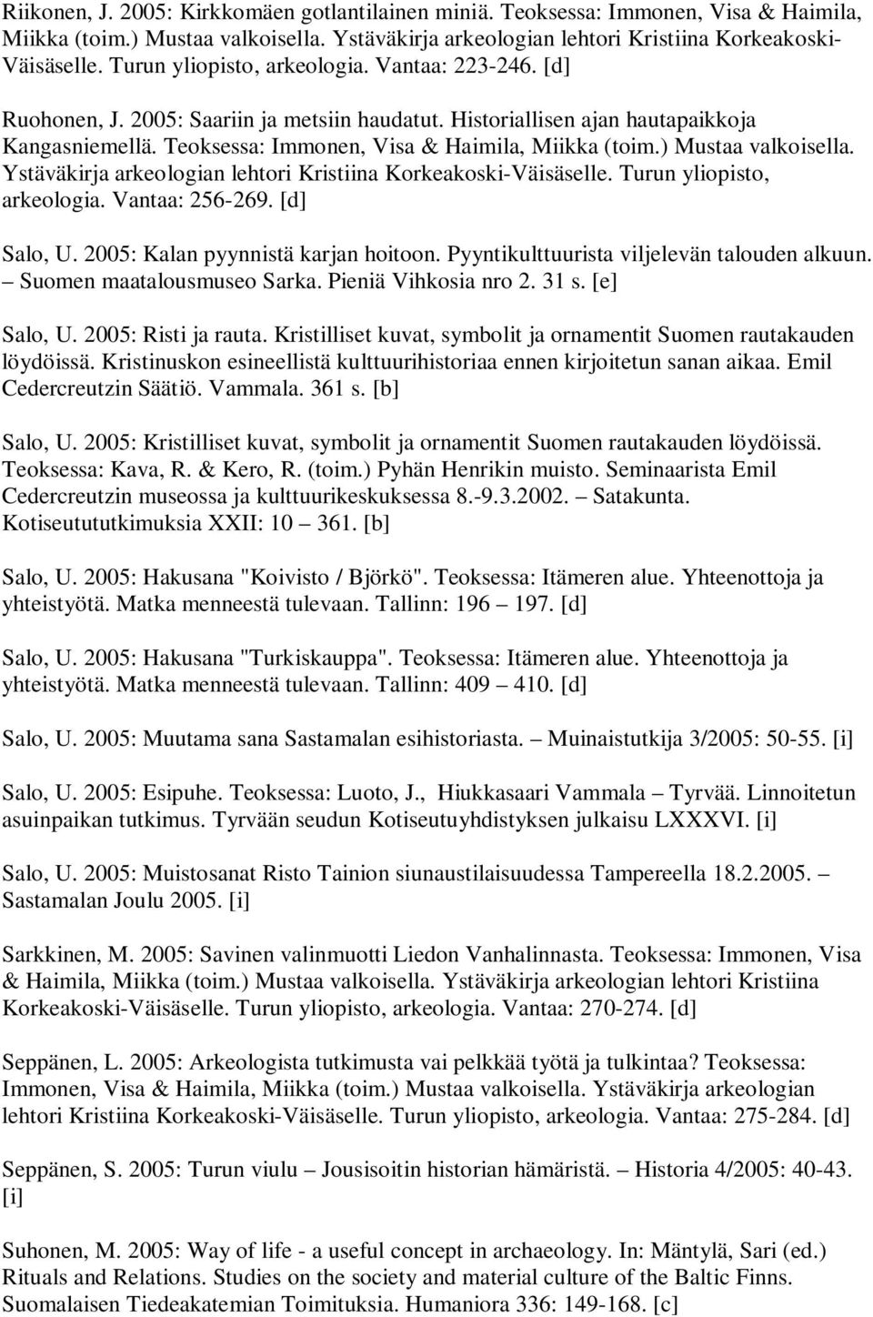 ) Mustaa valkoisella. Ystäväkirja arkeologian lehtori Kristiina Korkeakoski-Väisäselle. Turun yliopisto, arkeologia. Vantaa: 256-269. [d] Salo, U. 2005: Kalan pyynnistä karjan hoitoon.