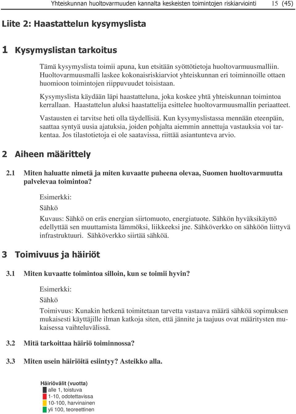 toisistaan Kysymyslista käydään läpi haastatteluna, joka koskee yhtä yhteiskunnan toimintoa kerrallaan Haastattelun aluksi haastattelija esittelee huoltovarmuusmallin periaatteet Vastausten ei