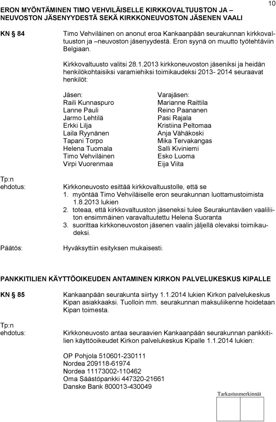 2013 kirkkoneuvoston jäseniksi ja heidän henkilökohtaisiksi varamiehiksi toimikaudeksi 2013-2014 seuraavat henkilöt: Jäsen: Raili Kunnaspuro Lanne Pauli Jarmo Lehtilä Erkki Lilja Laila Ryynänen