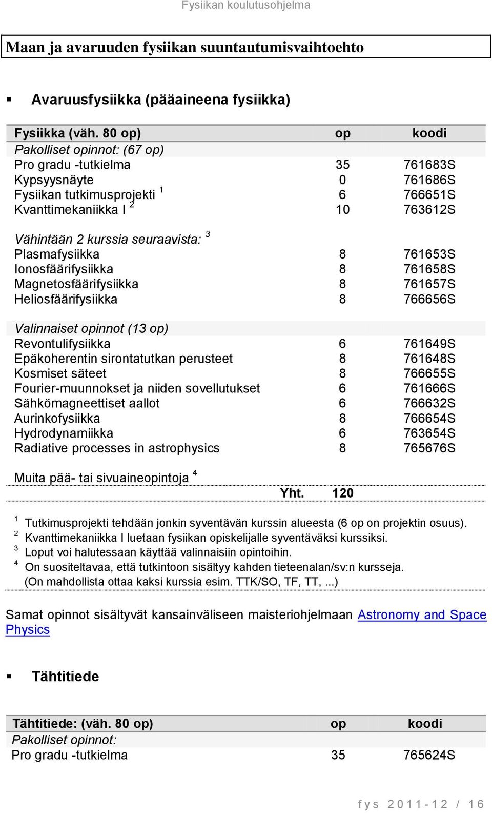 seuraavista: 3 Plasmafysiikka 8 761653S Ionosfäärifysiikka 8 761658S Magnetosfäärifysiikka 8 761657S Heliosfäärifysiikka 8 766656S Valinnaiset opinnot (13 op) Revontulifysiikka 6 761649S
