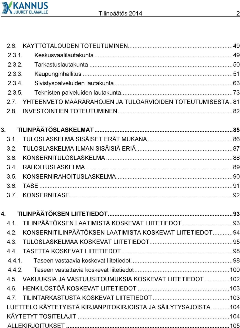 .. 86 3.2. TULOSLASKELMA ILMAN SISÄISIÄ ERIÄ... 87 3.6. KONSERNITULOSLASKELMA... 88 3.4. RAHOITUSLASKELMA... 89 3.5. KONSERNIRAHOITUSLASKELMA... 90 3.6. TASE... 91 3.7. KONSERNITASE... 92 4.