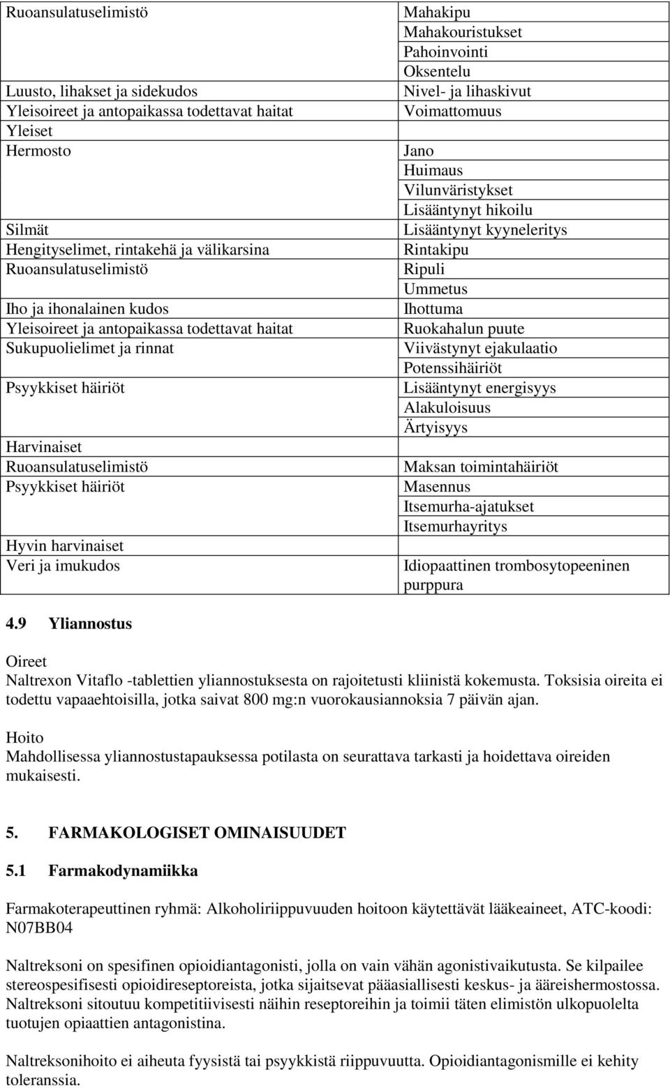 Mahakipu Mahakouristukset Pahoinvointi Oksentelu Nivel- ja lihaskivut Voimattomuus Jano Huimaus Vilunväristykset Lisääntynyt hikoilu Lisääntynyt kyyneleritys Rintakipu Ripuli Ummetus Ihottuma