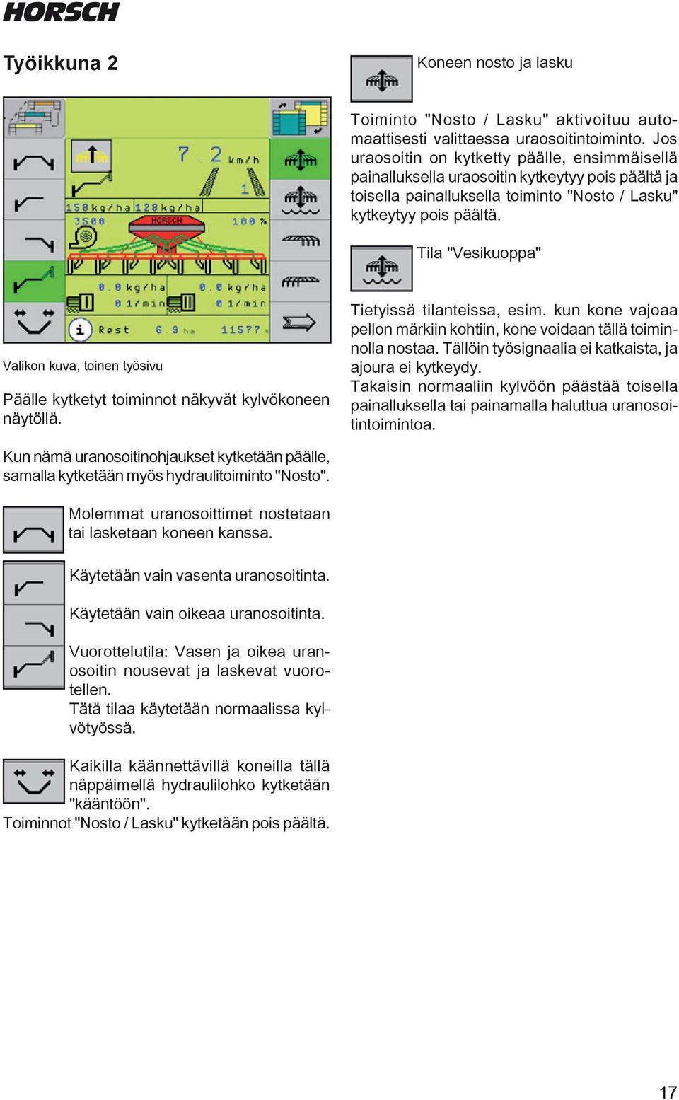 Tila "Vesikuoppa" Valikon kuva, toinen työsivu Päälle kytketyt toiminnot näkyvät kylvökoneen näytöllä. Tietyissä tilanteissa, esim.