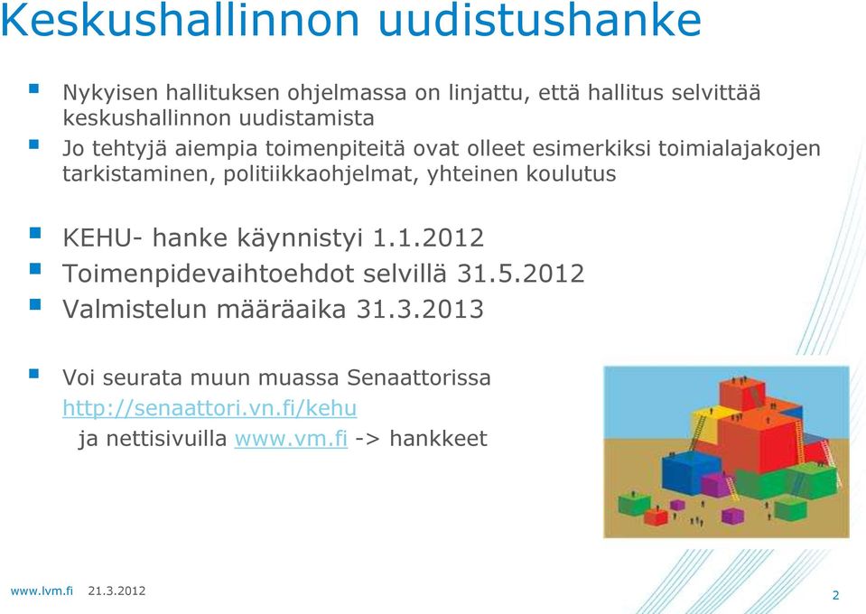 politiikkaohjelmat, yhteinen koulutus KEHU- hanke käynnistyi 1.1.2012 Toimenpidevaihtoehdot selvillä 31.5.