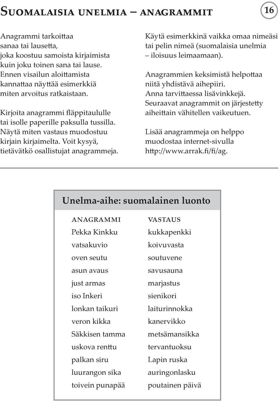 Näytä miten vastaus muodostuu kirjain kirjaimelta. Voit kysyä, tietävätkö osallistujat anagrammeja. Käytä esimerkkinä vaikka omaa nimeäsi tai pelin nimeä (suomalaisia unelmia iloisuus leimaamaan).