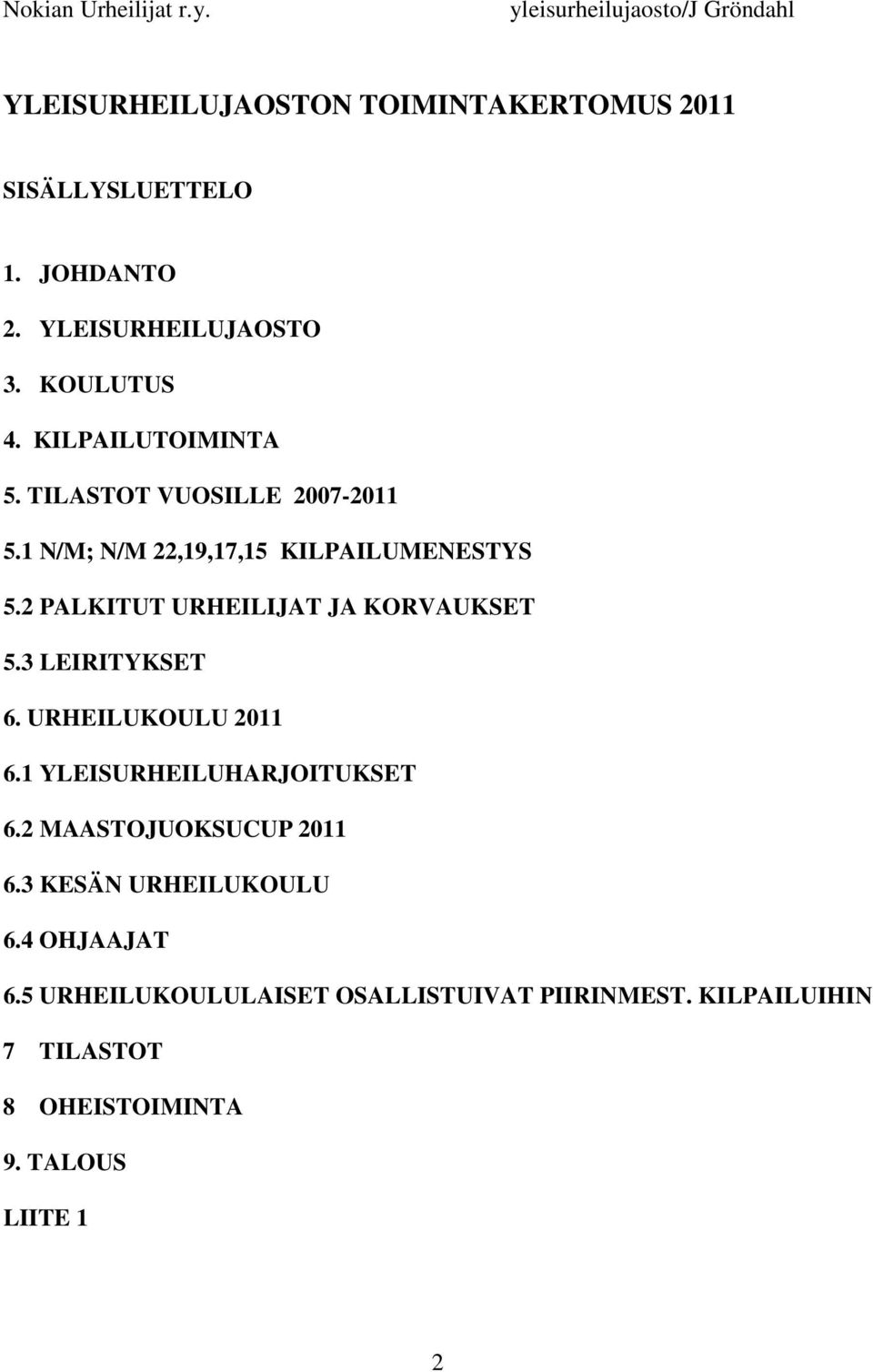 2 PALKITUT URHEILIJAT JA KORVAUKSET 5.3 LEIRITYKSET 6. URHEILUKOULU 2011 6.1 YLEISURHEILUHARJOITUKSET 6.2 MAASTOJUOKSUCUP 2011 6.