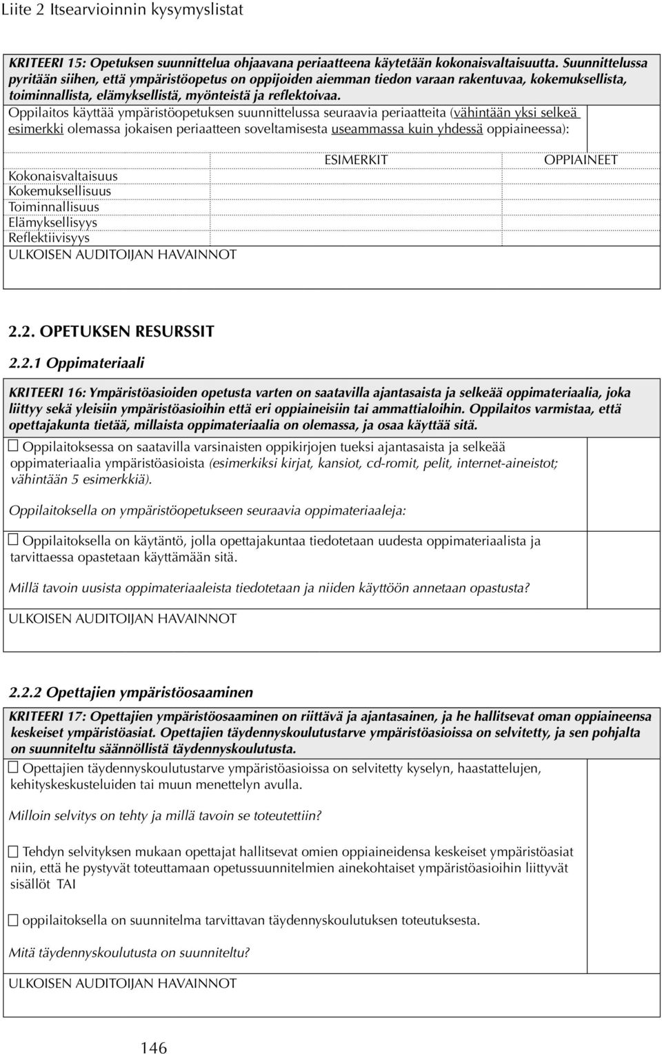 Oppilaitos käyttää ympäristöopetuksen suunnittelussa seuraavia periaatteita (vähintään yksi selkeä esimerkki olemassa jokaisen periaatteen soveltamisesta useammassa kuin yhdessä oppiaineessa):