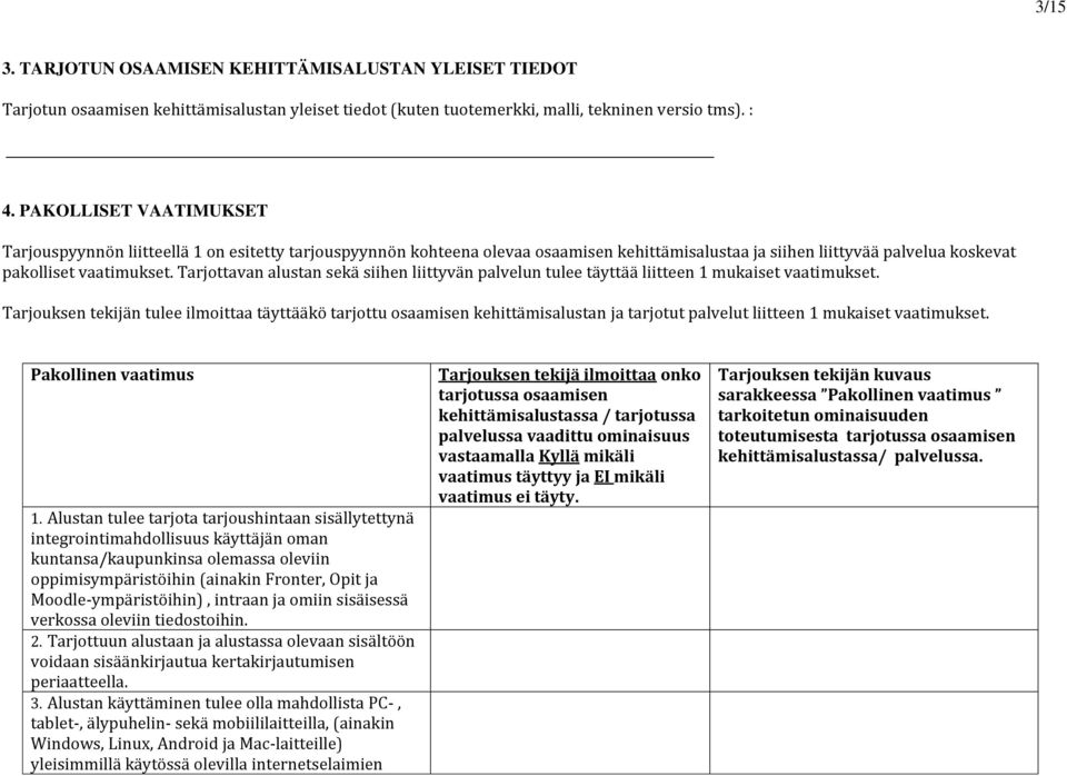 Tarjottavan alustan sekä siihen liittyvän palvelun tulee täyttää liitteen 1 mukaiset vaatimukset.