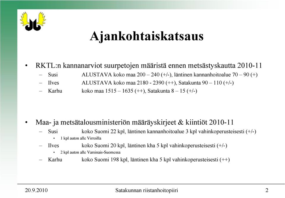 kiintiöt 2010-11 Susi koko Suomi 22 kpl, läntinen kannanhoitoalue 3 kpl vahinkoperusteisesti (+/-) 1 kpl auton alle Virroilla Ilves koko Suomi 20 kpl, läntinen kha 5